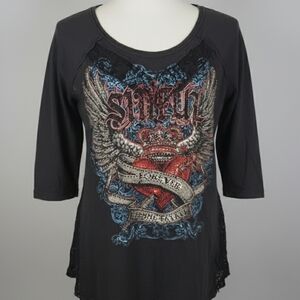 [[Sinful]] Black 3/4 Sleeve Embellished Graphic Top